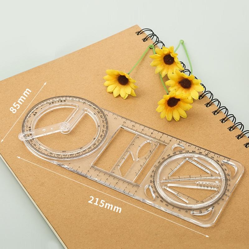 2PCS Multifunctional Drawing Ruler Set with Rotating Protractor and Geometric Drawing Templates