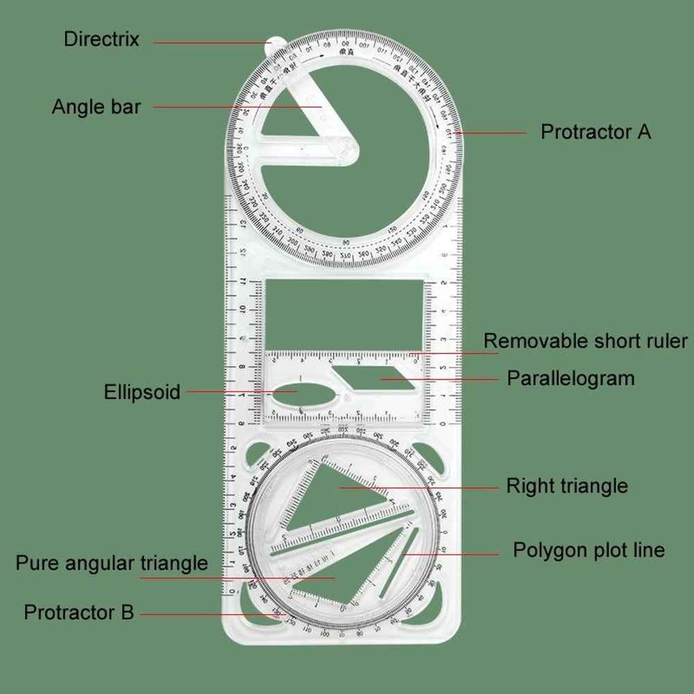 2PCS Multifunctional Drawing Ruler Set with Rotating Protractor and Geometric Drawing Templates