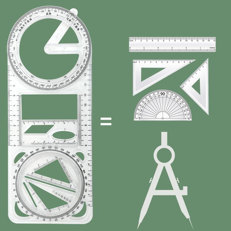 2PCS Multifunctional Drawing Ruler Set with Rotating Protractor and Geometric Drawing Templates