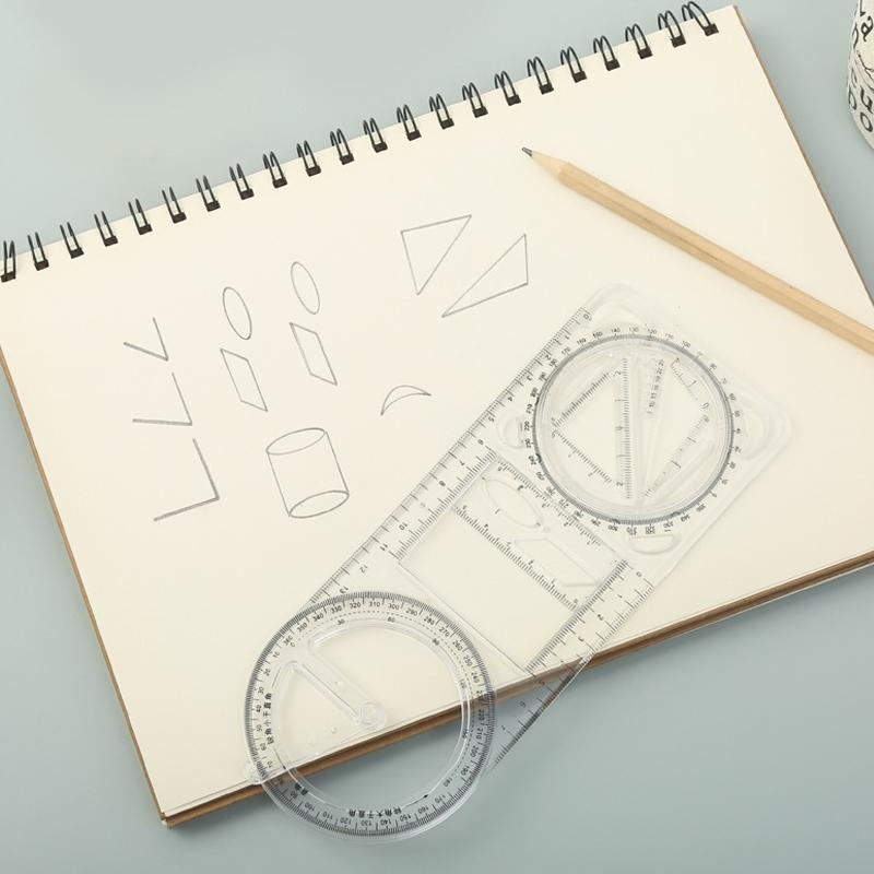 2PCS Multifunctional Drawing Ruler Set with Rotating Protractor and Geometric Drawing Templates