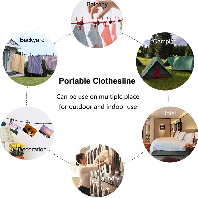 Retractable Outdoor Travel Windproof Clothesline with 12 Clips