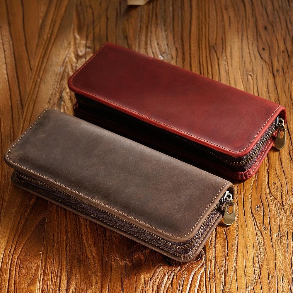 Retro Crazy Horse Leather Pencil Case Durable Zipper Pen Organizer 2