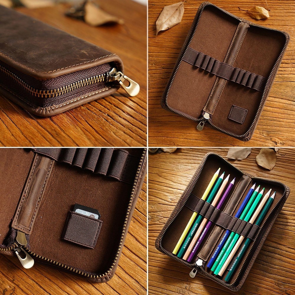 Retro Crazy Horse Leather Pencil Case Durable Zipper Pen Organizer 4