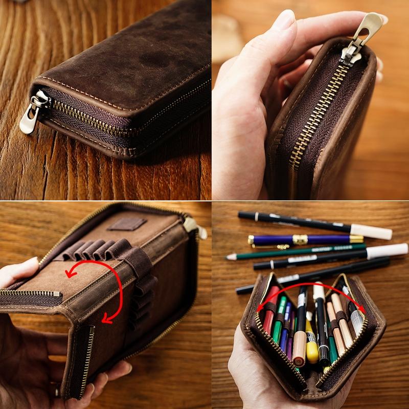 Retro Crazy Horse Leather Pencil Case Durable Zipper Pen Organizer 5