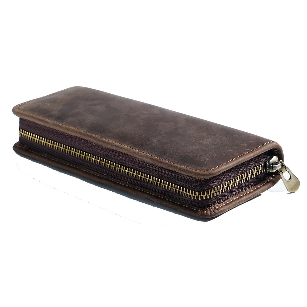 Retro Crazy Horse Leather Pencil Case, Durable Zipper Pen Organizer