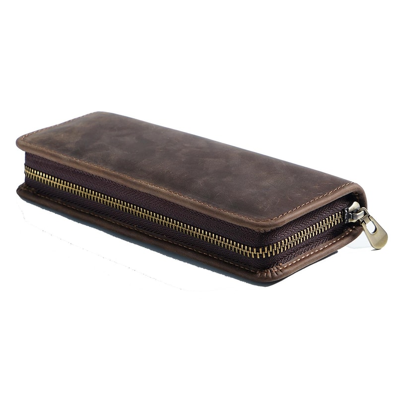 Retro Crazy Horse Leather Pencil Case, Durable Zipper Pen Organizer