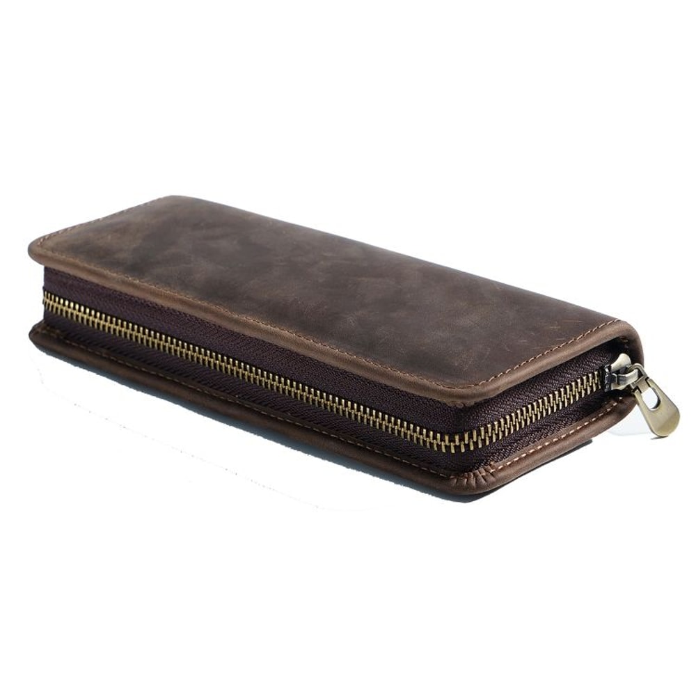 Retro Crazy Horse Leather Pencil Case Durable Zipper Pen Organizer 8