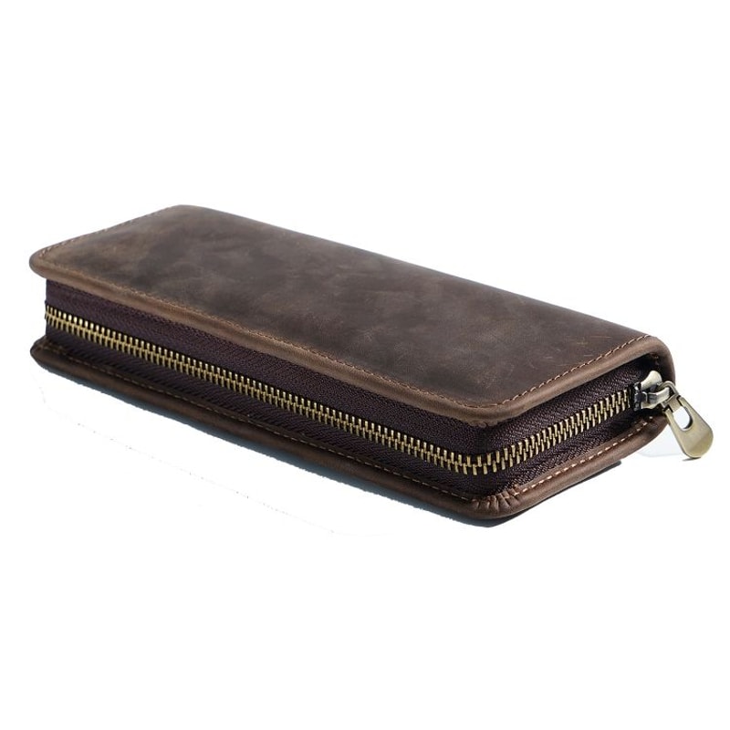 Retro Crazy Horse Leather Pencil Case Durable Zipper Pen Organizer 8