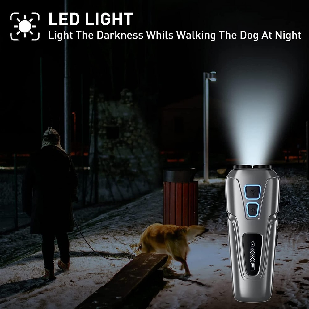 Premium Ultrasonic Dog Repeller Anti Barking Training Device with LED Flashlight