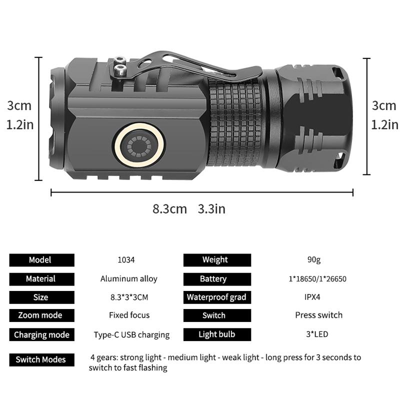 Mini 3 LED USB-C Rechargeable Strong Light Flashlight, Multi-Function