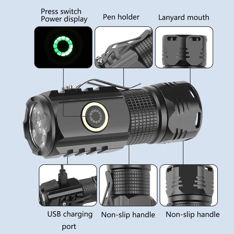 Mini 3 LED USB-C Rechargeable Strong Light Flashlight, Multi-Function