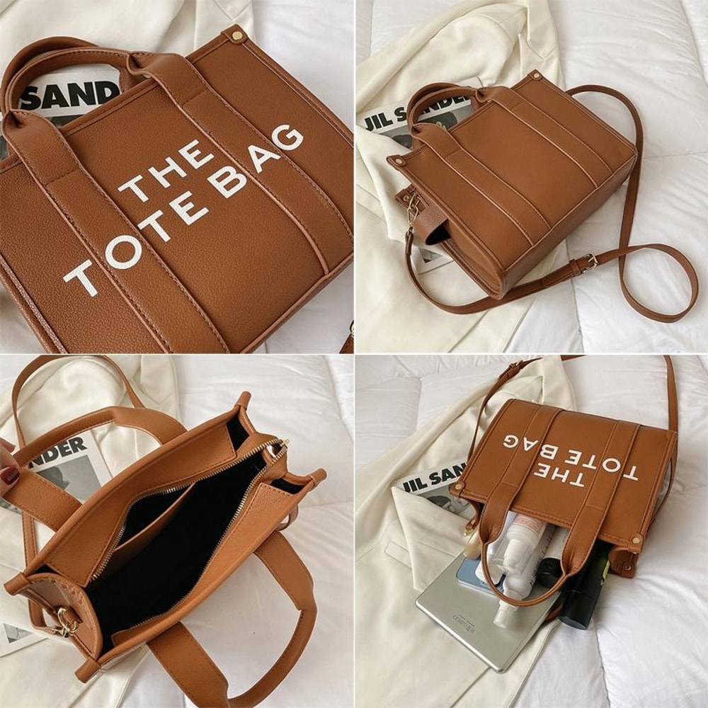 Women PU Leather Tote Bag With Letter Print LargeCapacity Crossbody Bag 1