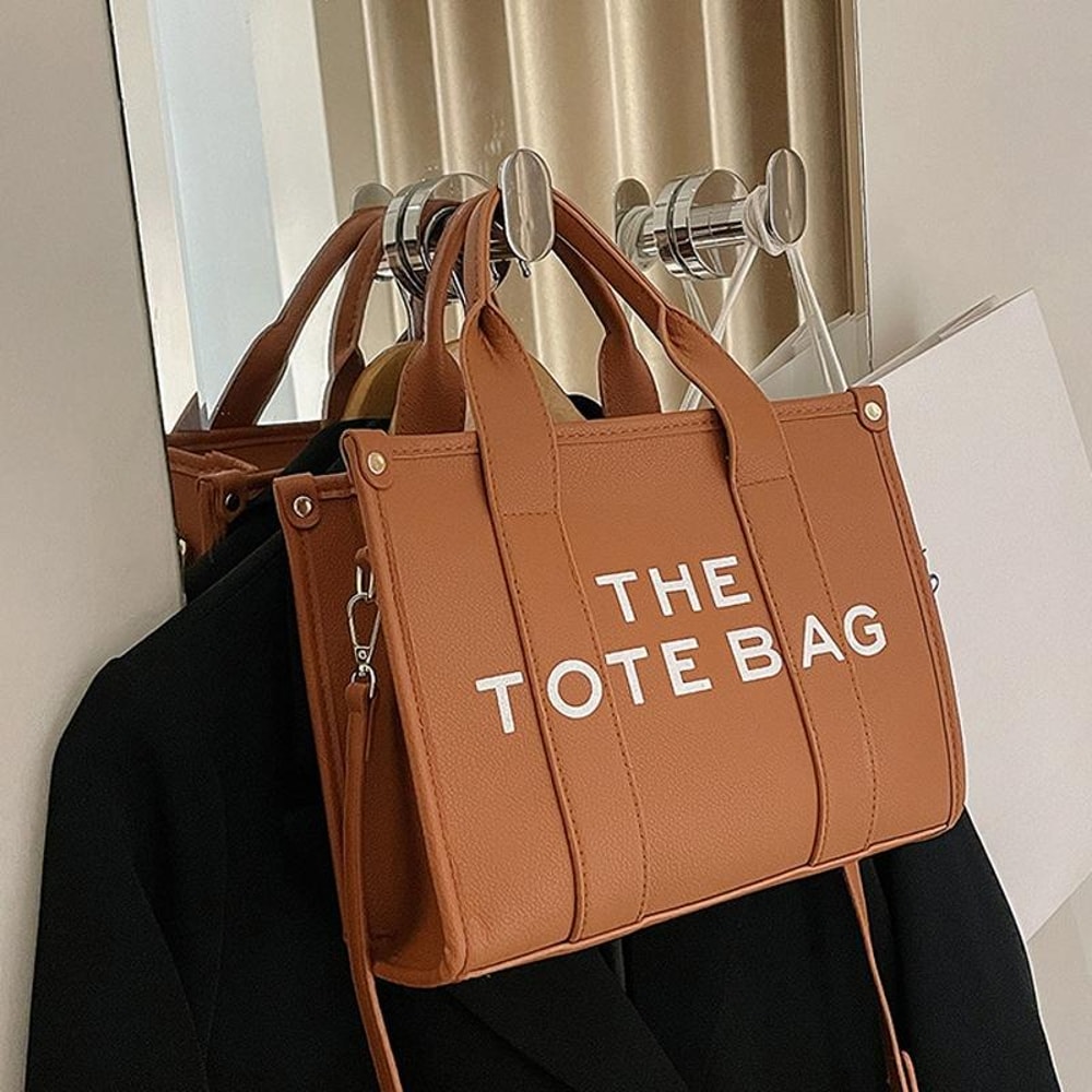 Women PU Leather Tote Bag With Letter Print LargeCapacity Crossbody Bag 3