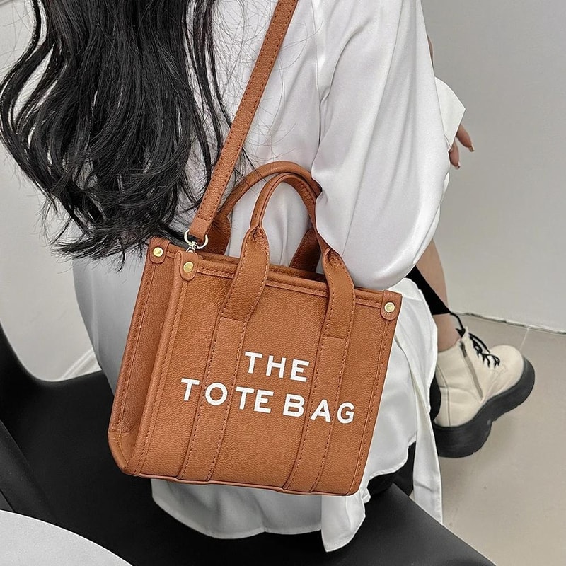 Women PU Leather Tote Bag With Letter Print LargeCapacity Crossbody Bag 4