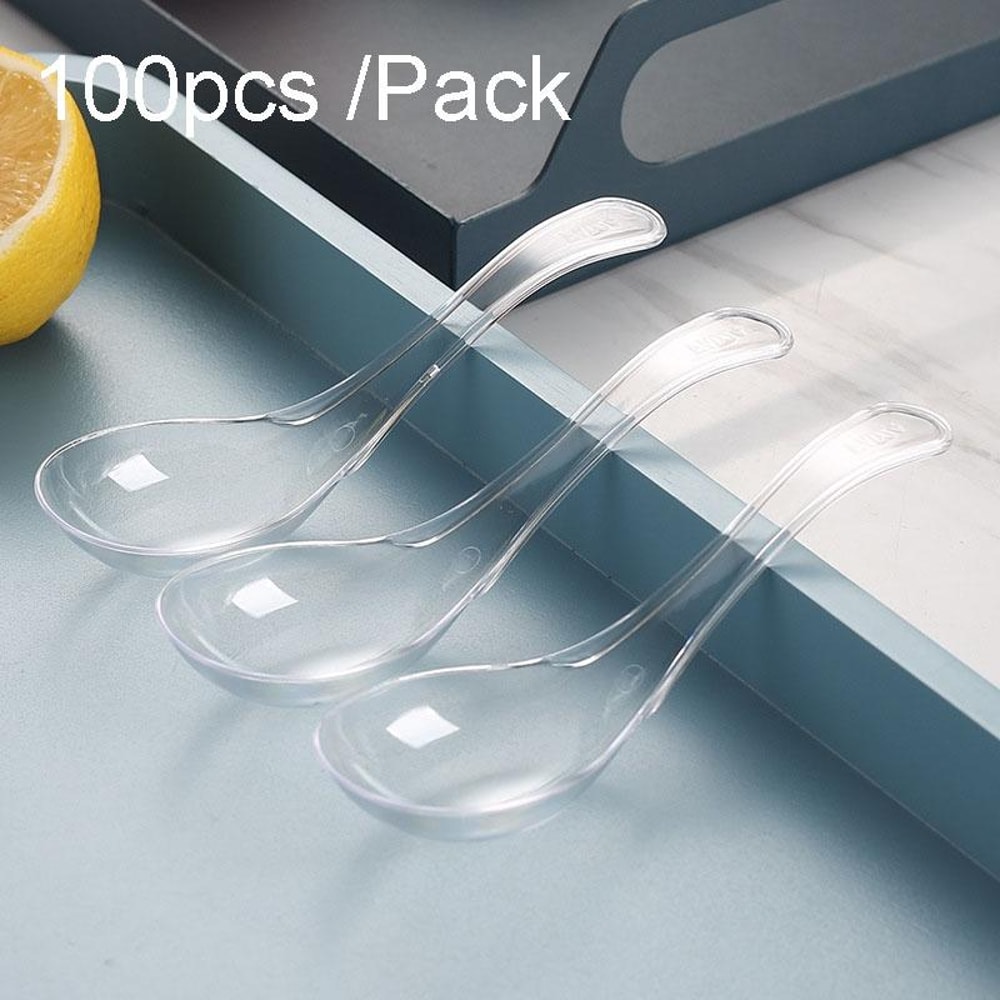 100pcs Heavy-Duty Disposable Plastic Meal Spoon, Crystal PS Fast Food Soup Ladle