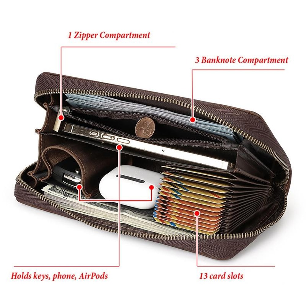RFID Leather Men Long Wallet MultiCard Zipper 5