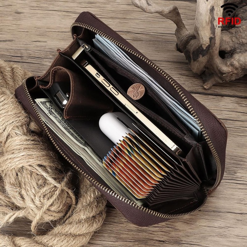 RFID Leather Men Long Wallet MultiCard Zipper 1