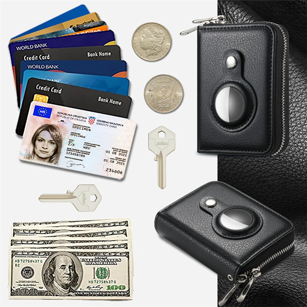 Premium Leather AirTag Wallet With Zipper For Apple AirTag Holder 7