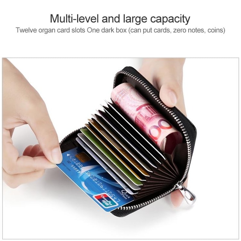 RFID Blocking Leather Card Holder Wallet With Zipper Large Capacity Organizer 3
