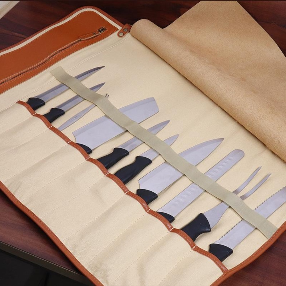 Professional Knife Roll Bag Leather Chef Storage Case With 10 Slots Adjustable Shoulder Strap 7