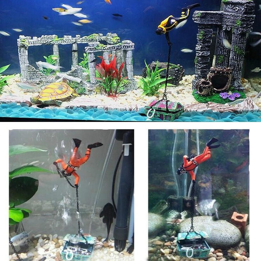 Pneumatic Aquarium Decoration Diver Treasure Hunter Ornament for Fish Tanks