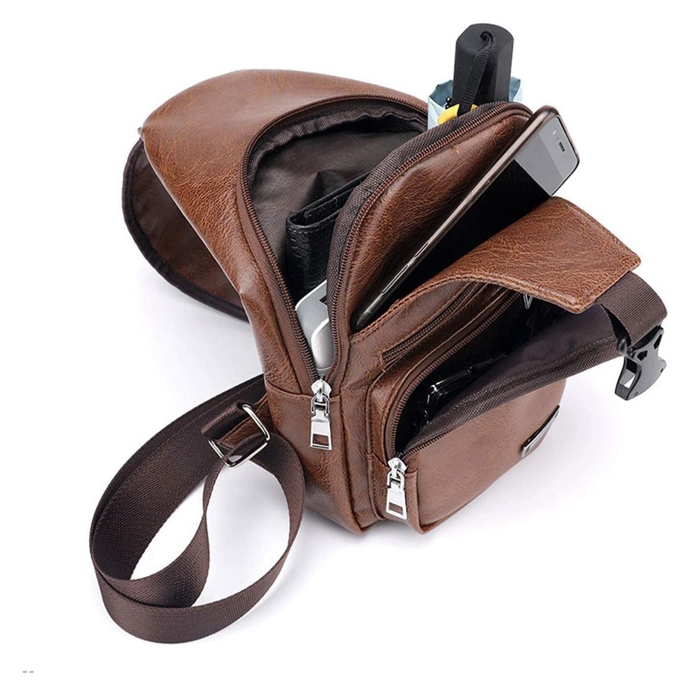 Waterproof Men Chest Bag With USB Charging Port PU Leather Sling Design 2