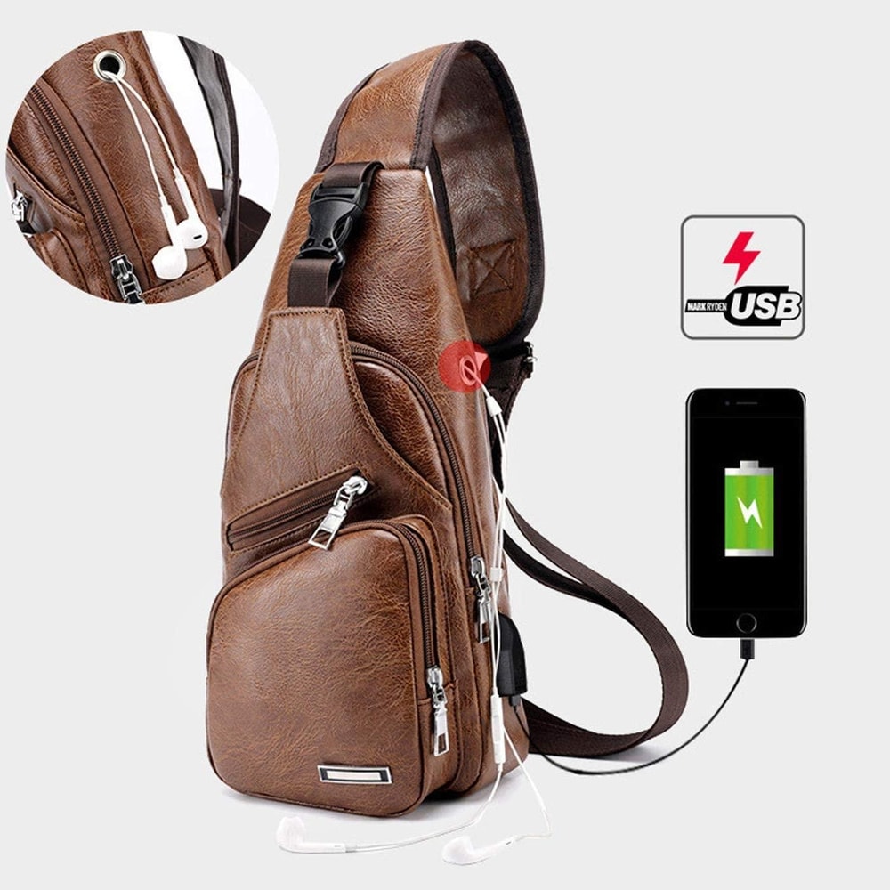Waterproof Men Chest Bag With USB Charging Port PU Leather Sling Design 5