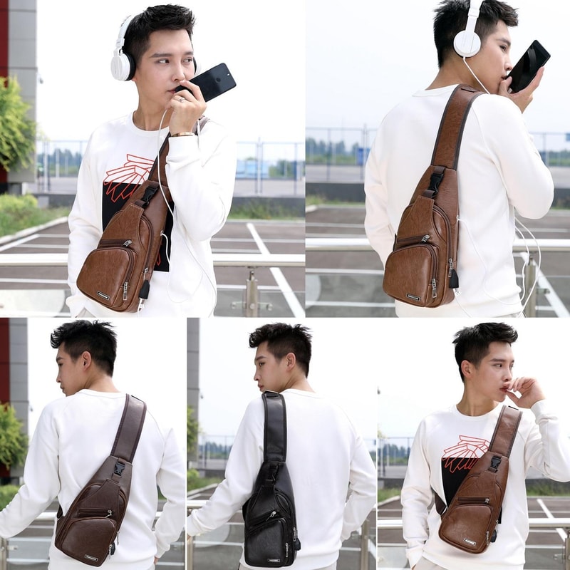 Waterproof Men Chest Bag With USB Charging Port PU Leather Sling Design 6