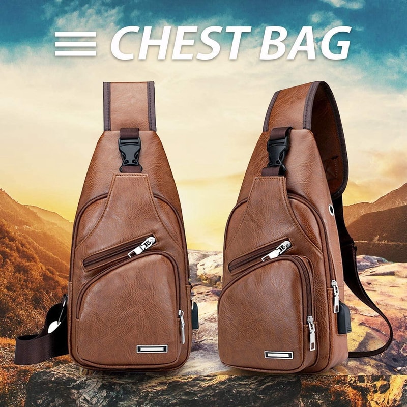Waterproof Men Chest Bag With USB Charging Port PU Leather Sling Design 7