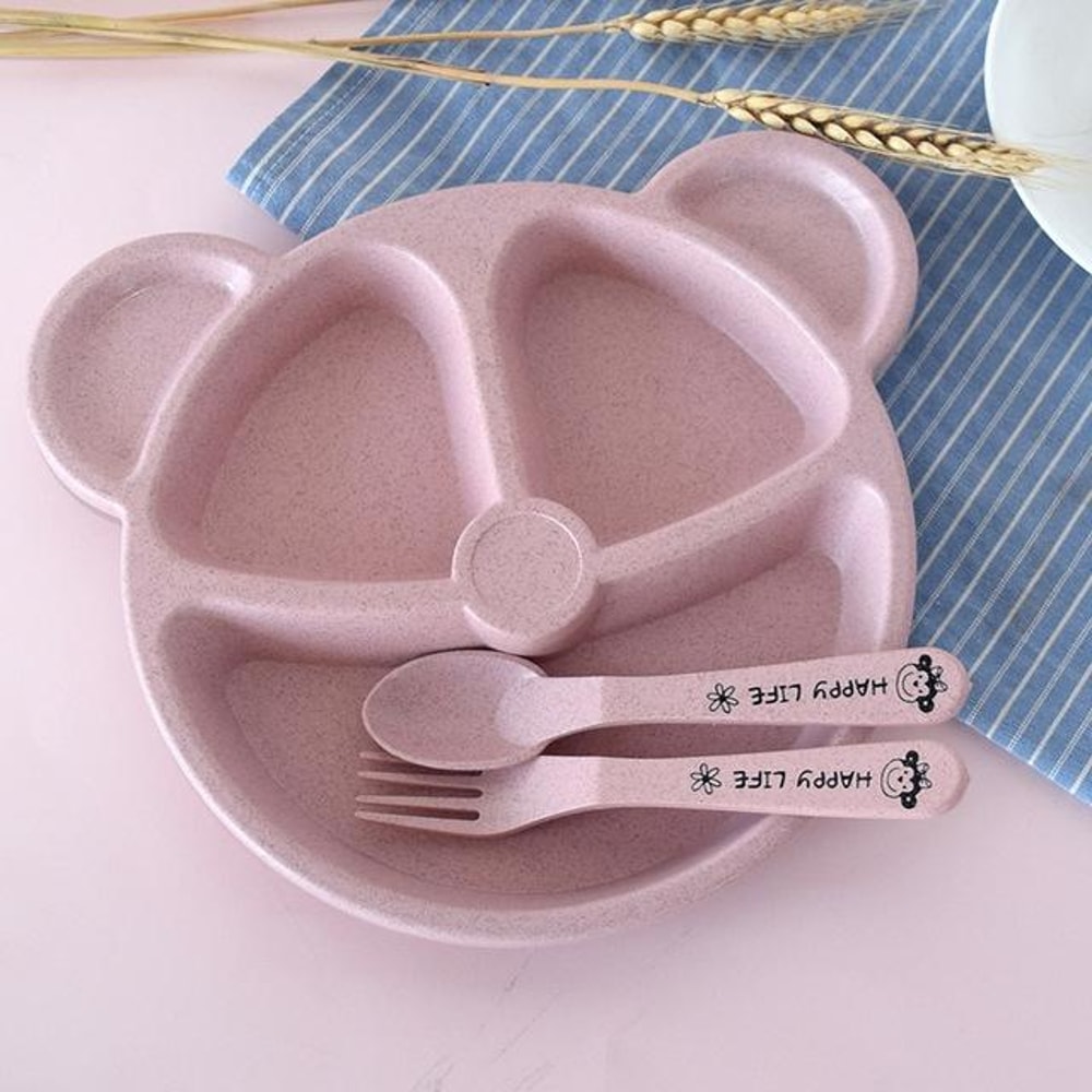 Baby Bear Bamboo Fiber Feeding Set BPA Free Toddler Bowl Spoon Fork Dinnerware