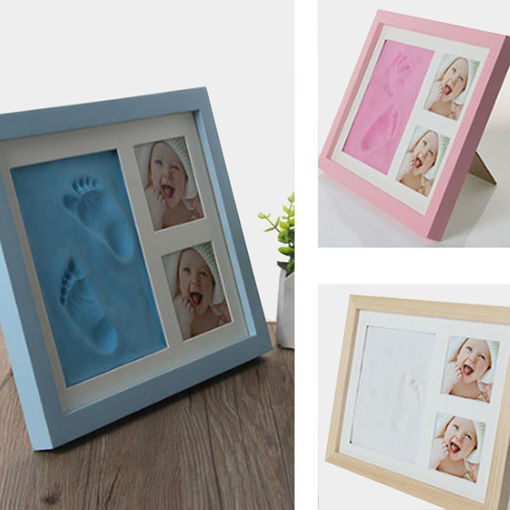 Baby Handprint & Footprint Frame Kit, Wooden Keepsake Photo Frame with Safe Clay Imprint Set