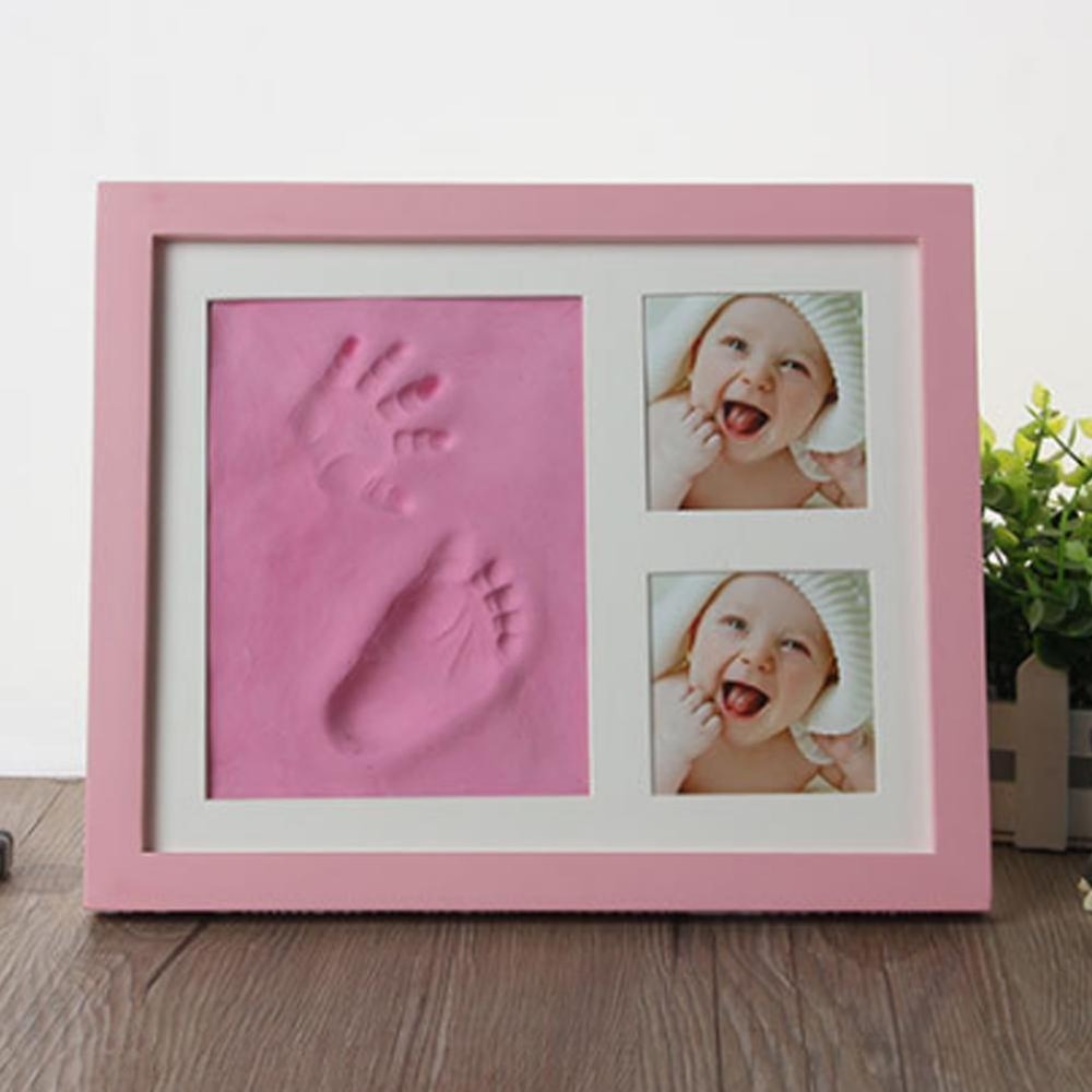 Baby Handprint & Footprint Frame Kit, Wooden Keepsake Photo Frame with Safe Clay Imprint Set