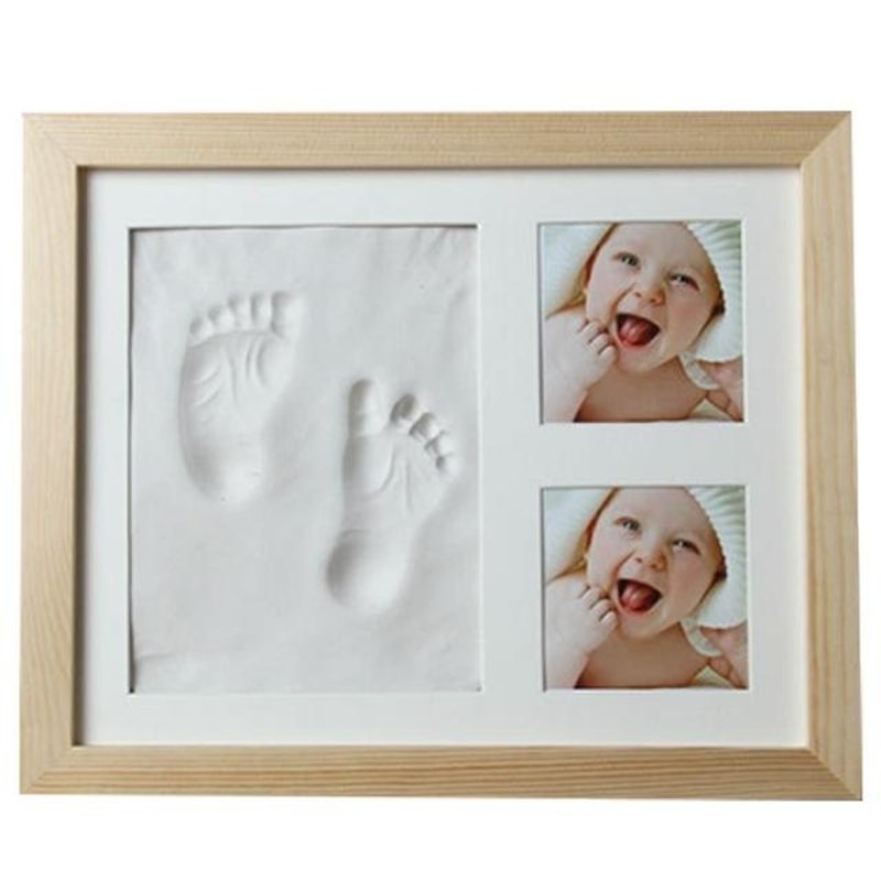 Baby Handprint & Footprint Frame Kit, Wooden Keepsake Photo Frame with Safe Clay Imprint Set