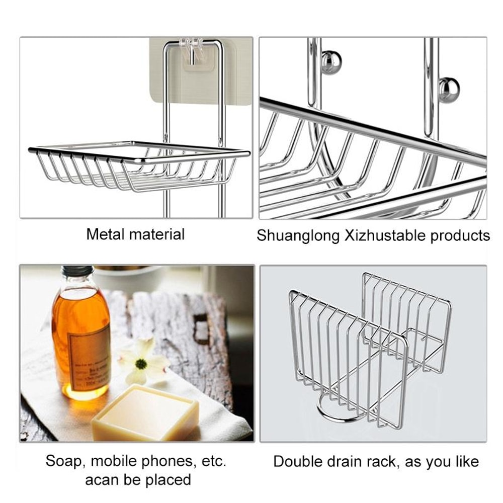 Stainless Steel Soap Dish with Adhesive Wall Mount Double Layer Bathroom Storage Shelf