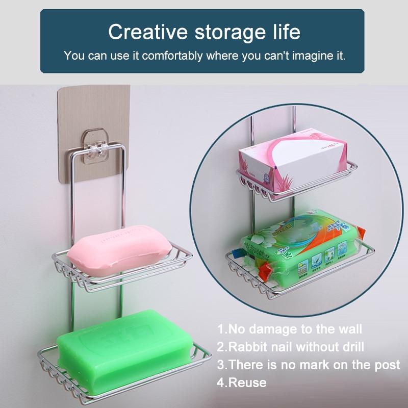 Stainless Steel Soap Dish with Adhesive Wall Mount Double Layer Bathroom Storage Shelf