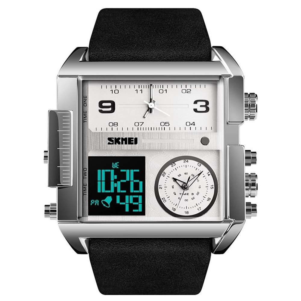 Men Multifunctional Digital Watch with Leather Strap and Waterproof Square Dial