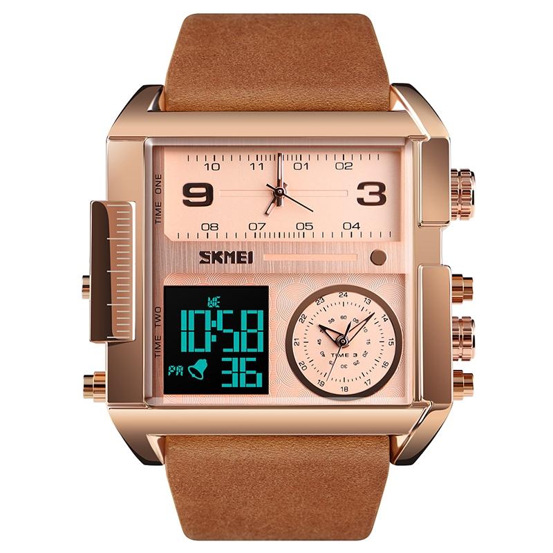 Men Multifunctional Digital Watch with Leather Strap and Waterproof Square Dial