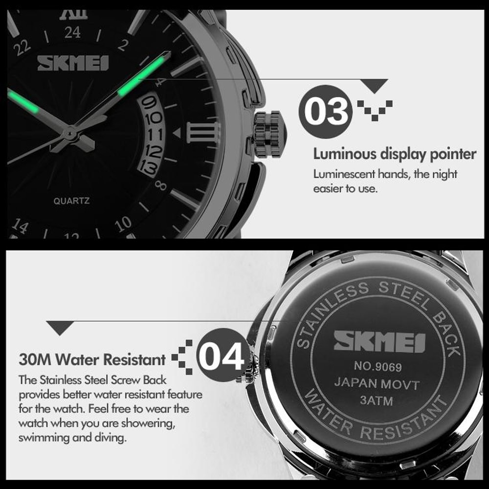 Waterproof Quartz Watch For Men With Luminous Dial Stainless Steel Strap 2