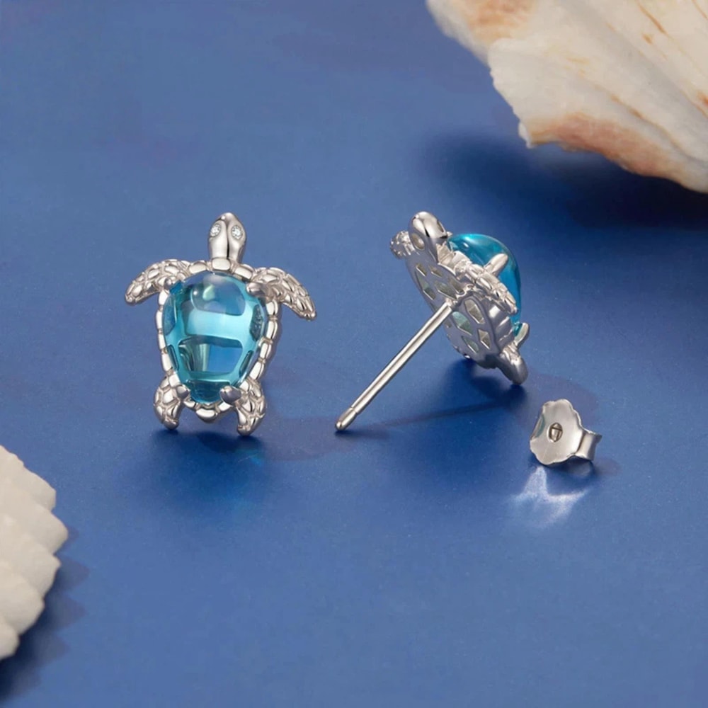 Elegant Sea Turtle Zircon Stud Earrings For Women In White Gold Plated Silver Needle Design 3