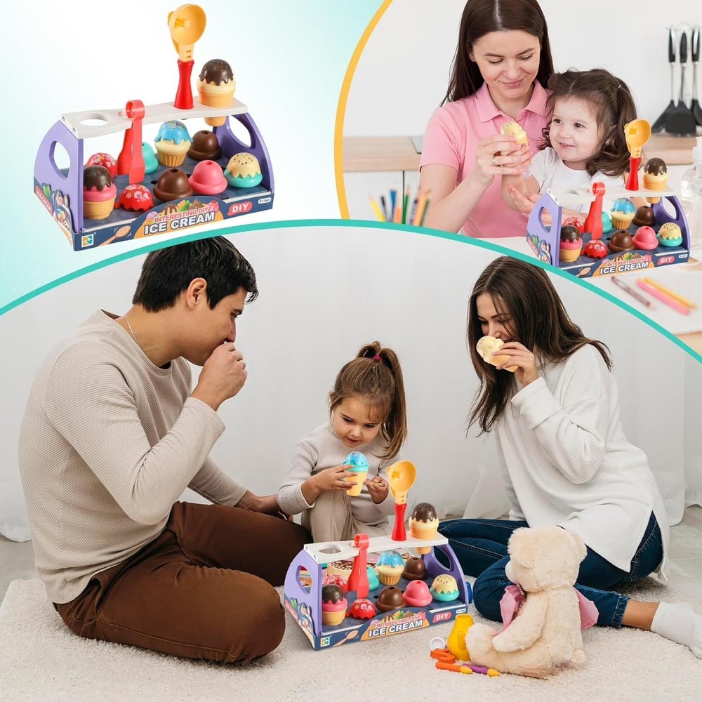 Kids Pretend Play Ice Cream Shop Set with Play Money & Accessories for Creative Roleplay