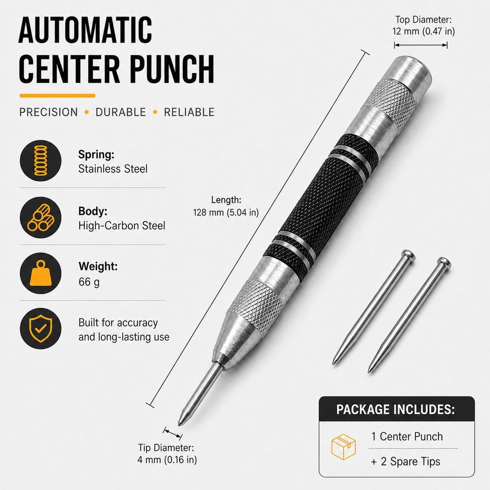 5-Inch Automatic Center Punch & Glass Breaker Tool with Spare Tips