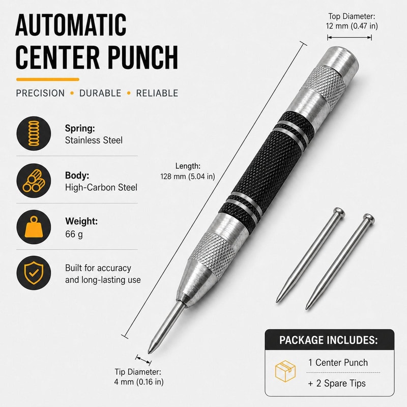 5-Inch Automatic Center Punch & Glass Breaker Tool with Spare Tips
