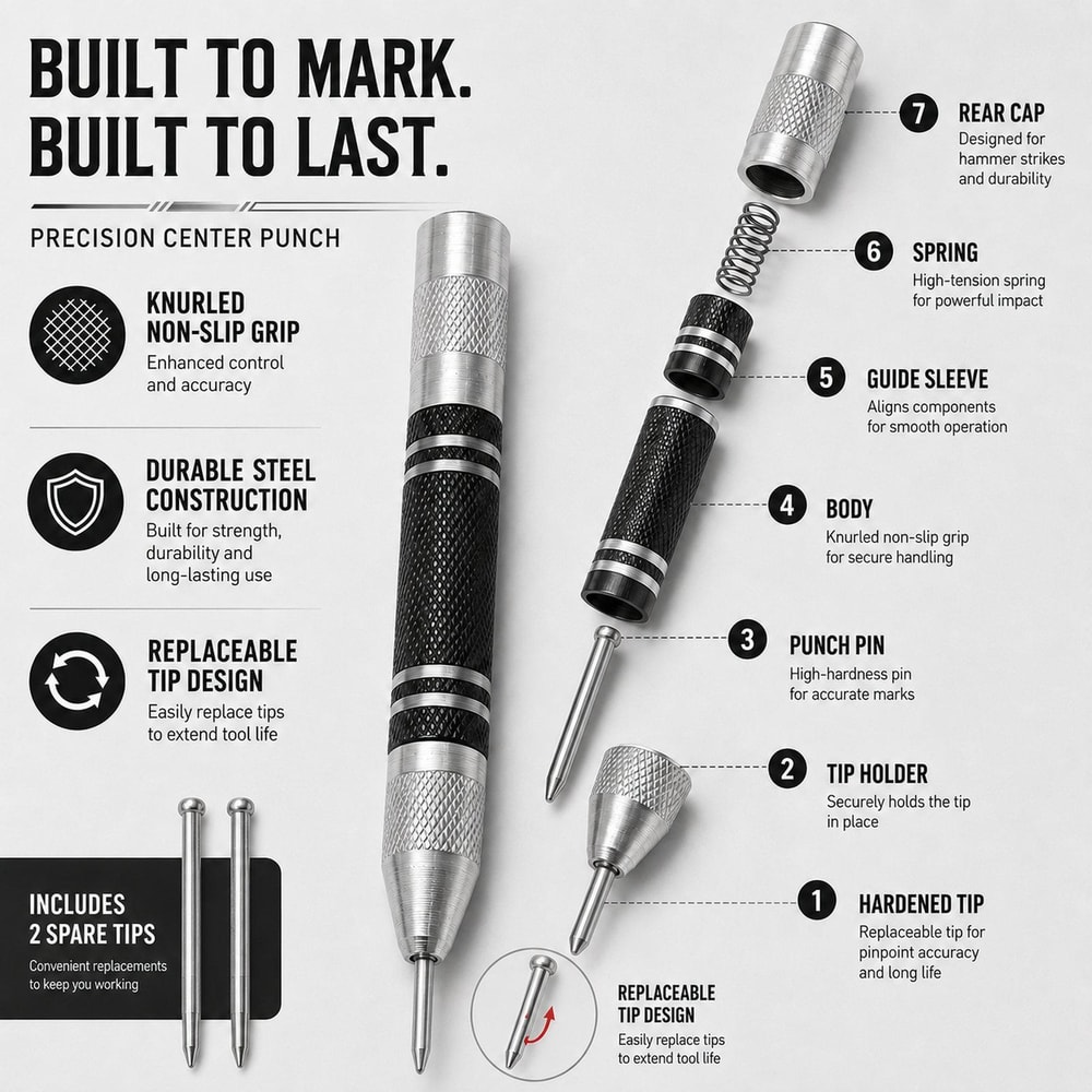 5-Inch Automatic Center Punch & Glass Breaker Tool with Spare Tips