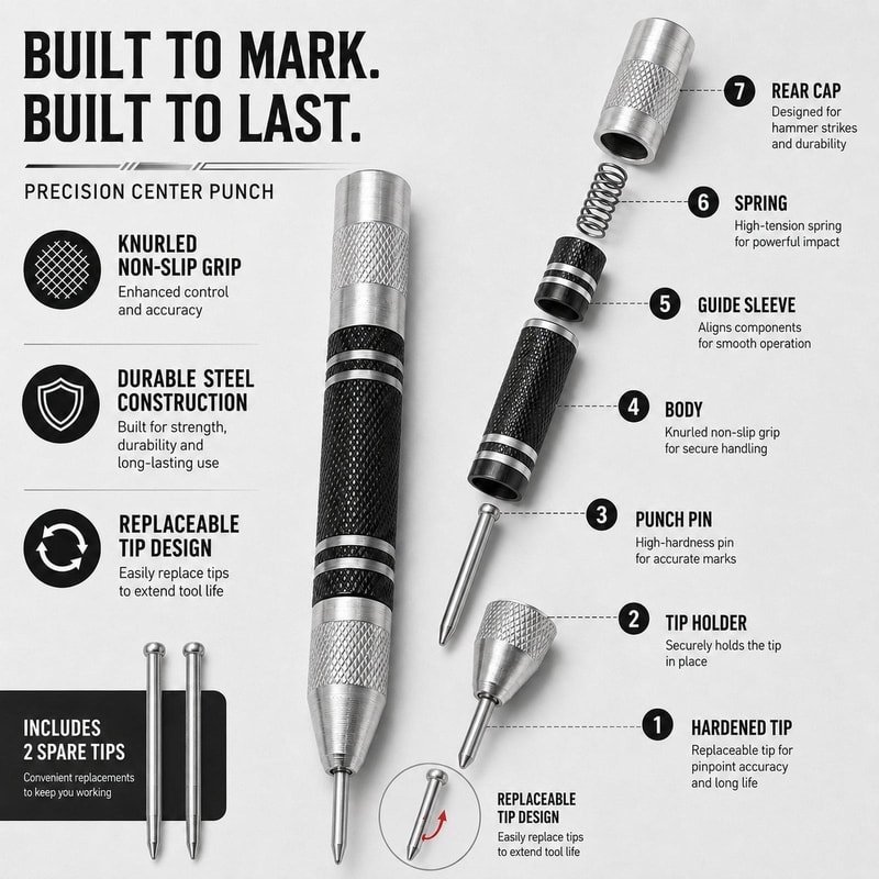 5-Inch Automatic Center Punch & Glass Breaker Tool with Spare Tips