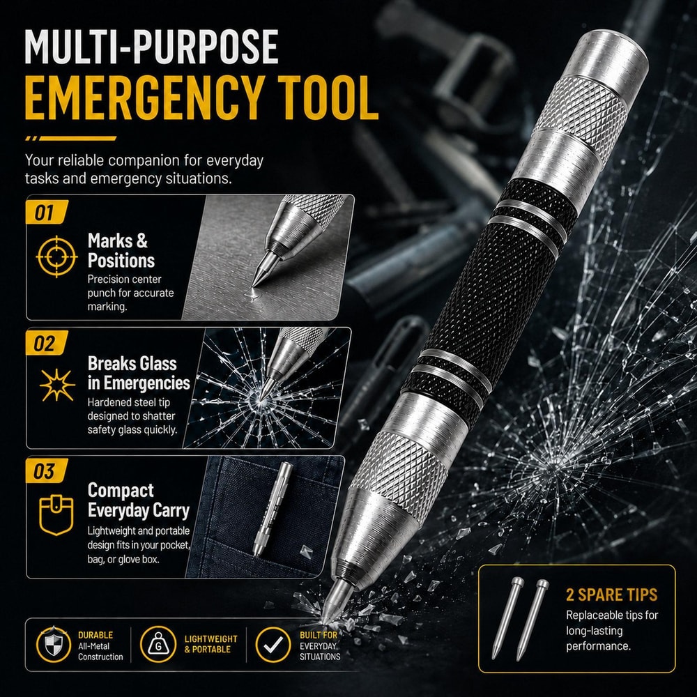 5-Inch Automatic Center Punch & Glass Breaker Tool with Spare Tips