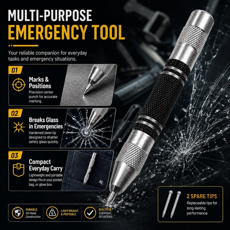 5-Inch Automatic Center Punch & Glass Breaker Tool with Spare Tips