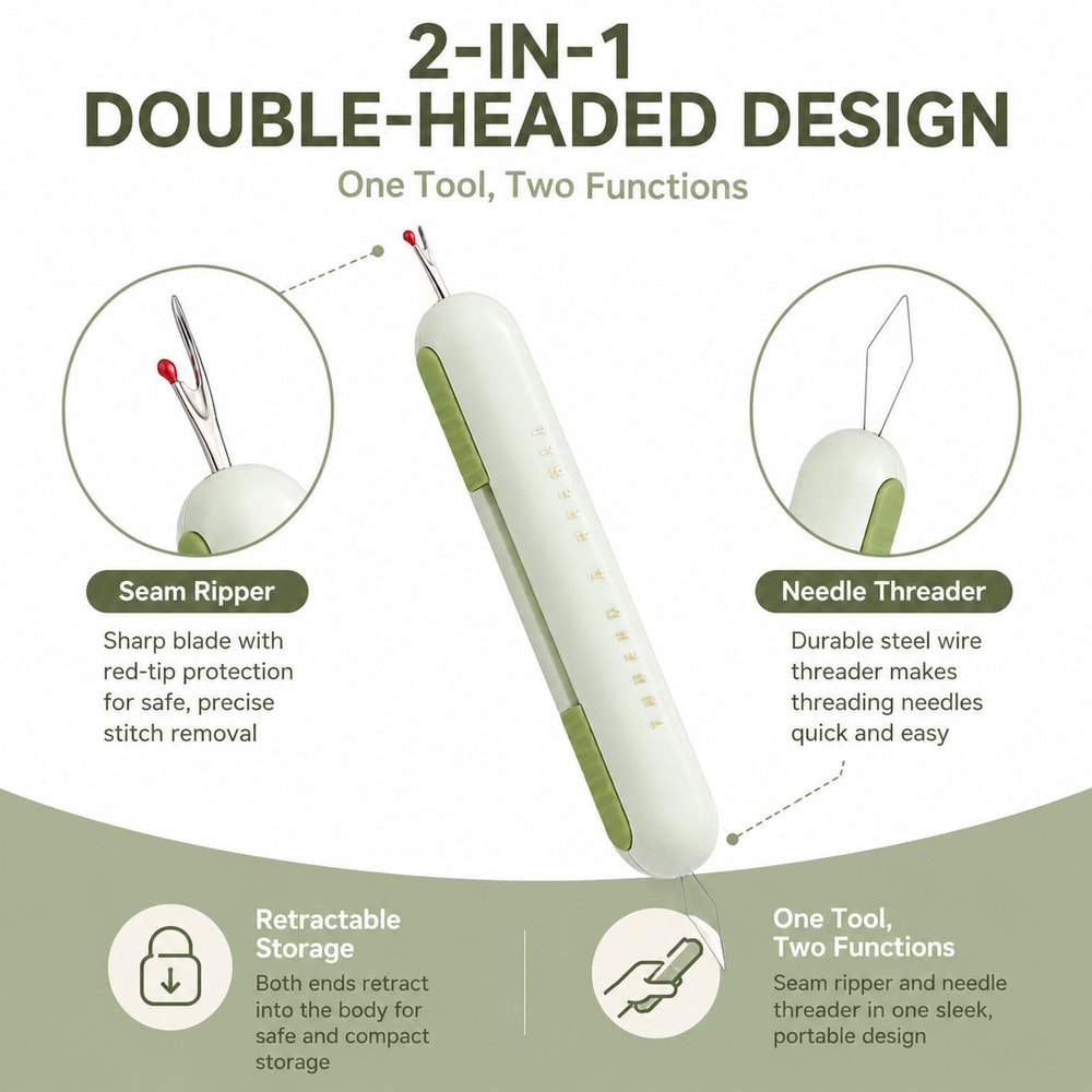 Retractable Seam Ripper Needle Threader 2in1 Tool For Hand Sewing And Embroidery 1