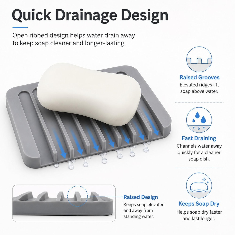 Silicone Self-Draining Soap Dish Holder for Bathroom, Shower & Kitchen Sink
