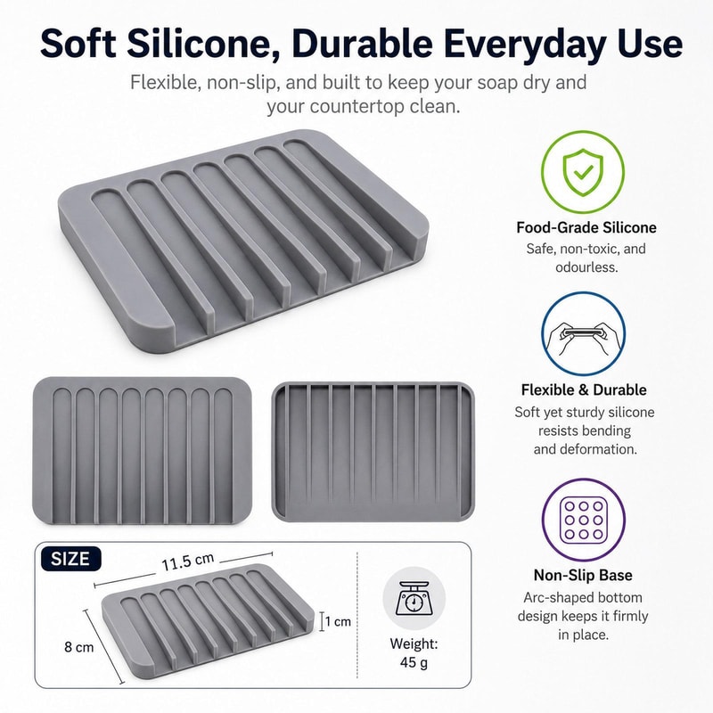 Silicone Self-Draining Soap Dish Holder for Bathroom, Shower & Kitchen Sink