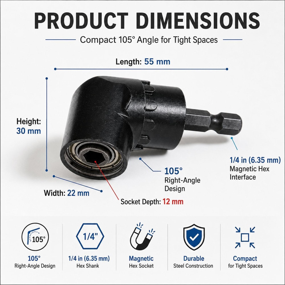 105 Right Angle Drill Attachment Magnetic Hex Shank Screwdriver Adapter for Tight Spaces